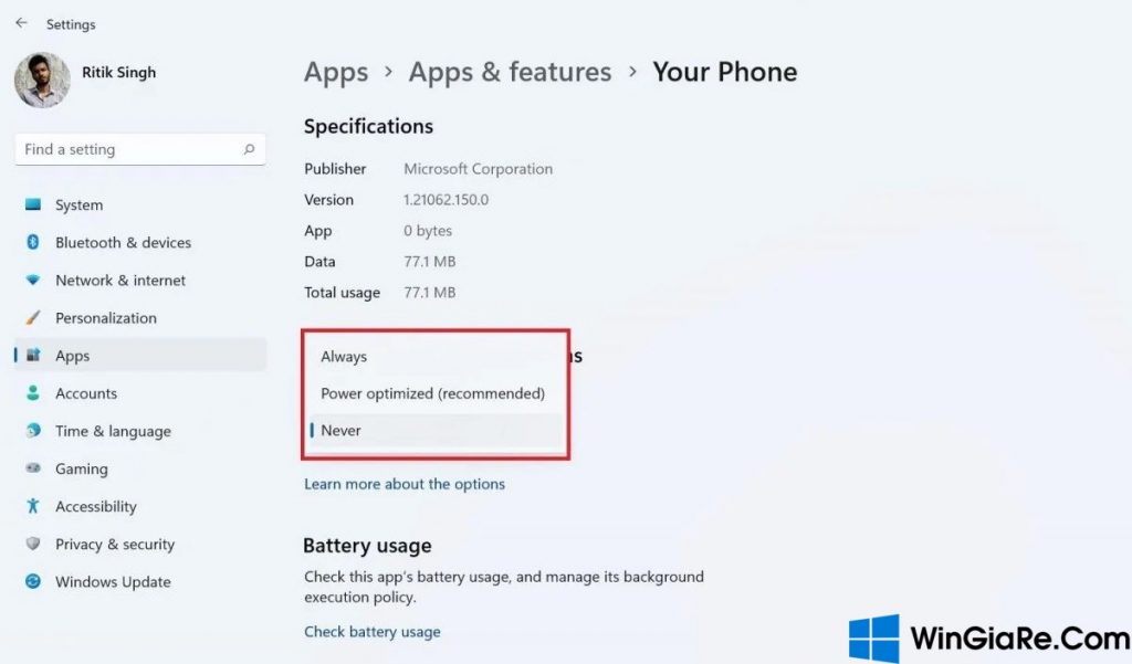 Kiểm tra mức tiêu thụ pin của ứng dụng trong Windows 11 8