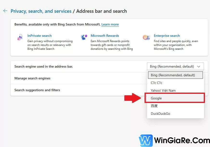 Cách đổi tìm kiếm Bing sang Google trên Microsoft Edge